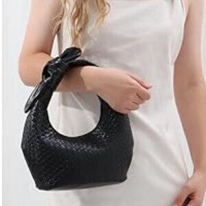 Neiman Marcus Black Metallic Vegan Leather Woven Handbag